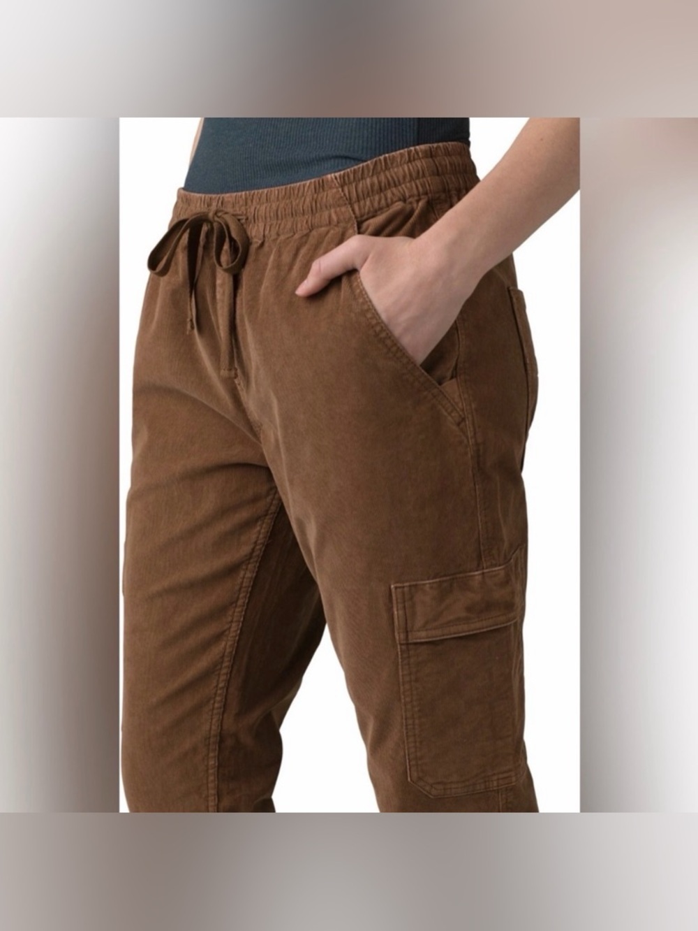 PrAna Brown Lost Highway Sepia Cargo Corduroy Jogger Pants size Medium EUC - Picture 2 of 11